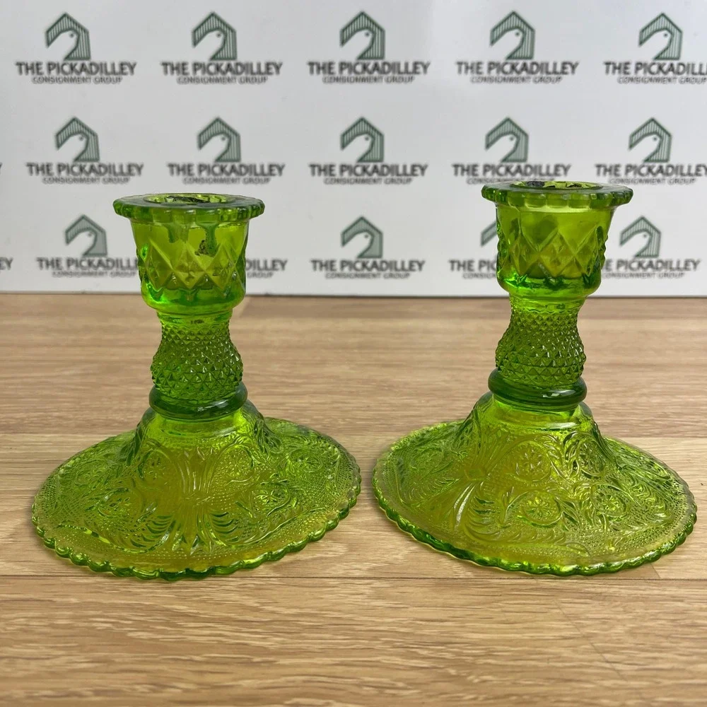 Tiara Sandwich Green Glass Candlestick Holders Set of 2 Vintage Scalloped Base